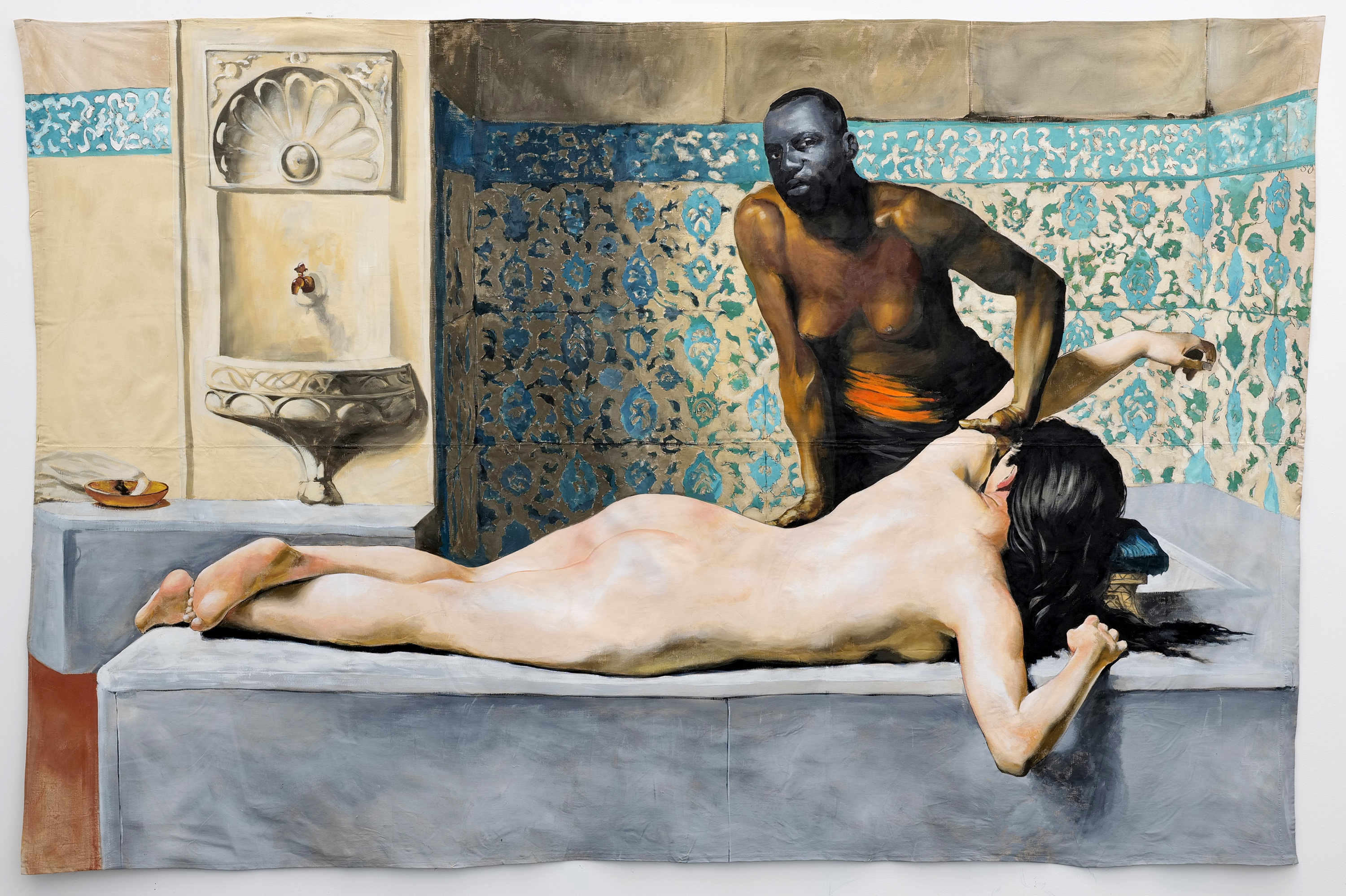 Galerie Barbara Thumm \ Roméo Mivekannin – Spleen \ After Édouard Debat-Ponsan, le massage: scène de Hammam (2025)